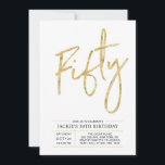 Invitación Cincuenta | Modern Brush Gold 50th Birthday Party<br><div class="desc">Celebra tu día especial con esta sencilla y elegante invitación a la fiesta de cumpleaños número 40. Este diseño presenta un guión de brocha de moda "Fifty" con un diseño limpio en combinación de color negro y oro. Hay más diseños y suministros de fiesta disponibles en mi tienda BaraBomDesign.</div>