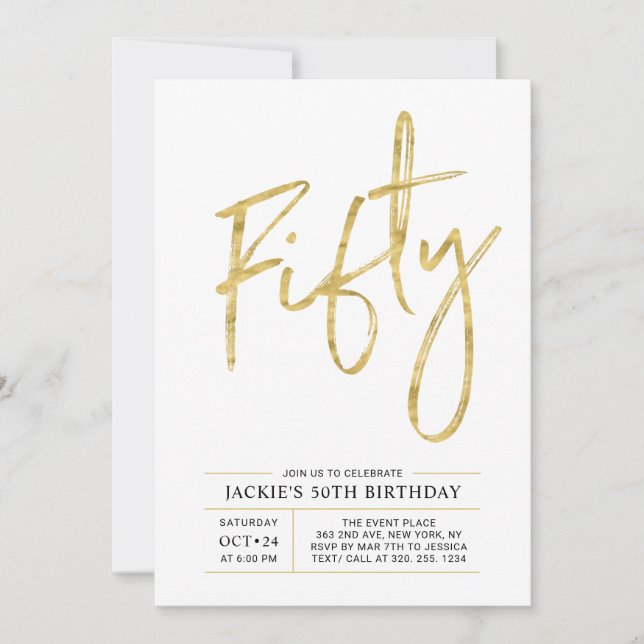 Invitación Cincuenta | Modern Brush Gold 50th Birthday Party (Anverso)