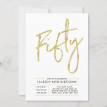 Invitación Cincuenta | Modern Brush Gold 50th Birthday Party<br><div class="desc">Celebra tu día especial con esta sencilla y elegante invitación a la fiesta de cumpleaños número 40. Este diseño presenta un guión de brocha de moda "Fifty" con un diseño limpio en combinación de color negro y oro. Hay más diseños y suministros de fiesta disponibles en mi tienda BaraBomDesign.</div>