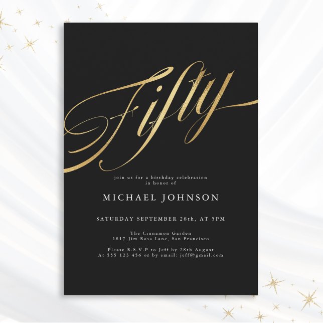 Invitación Cincuenta negros y Gold Moderno 50 cumpleaños (Mockup View)