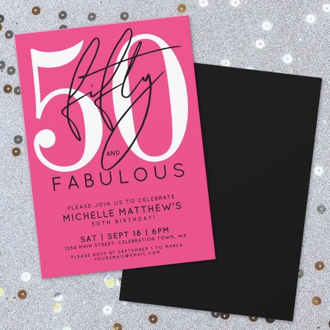 Invitación Cincuenta Rosas Calientes Cumpleaños 50 (Fifty Fabulous Hot Pink 50th Birthday Invitation)