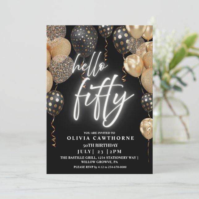 Invitación Cincuenta y 50 años Globos de oro y negro (Anverso de pie)