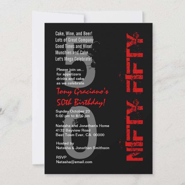 Invitación Cincuenta y cinco años - 50 años Blanco Negro rojo (Anverso)