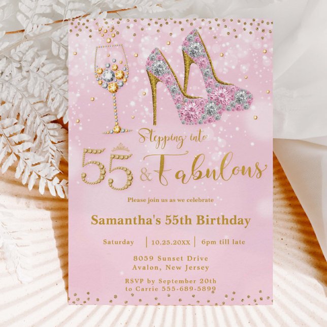 Invitación Cincuenta Y Cinco Fabulosos Talones Altos Bubbly 5 (sparkly-diamond-glamour-gold-pink-high-heel-platform-pump-stiletto-stepping-into-fifty-five-birthday)