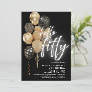 Invitación Cincuenta y cincuenta globos de cumpleaños Negro y