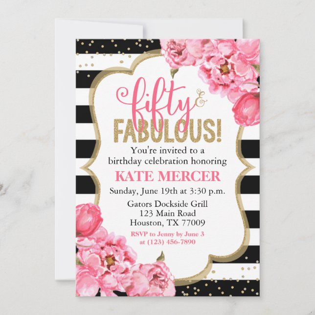 Invitación Cincuenta y fabulosa Floral de oro rosa 50 cumplea (Anverso)