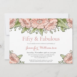Invitación Cincuenta y fabulosas flores rosadas Fiesta de cum