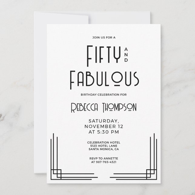 Invitación Cincuenta y Fabuloso Arte Deco Moderno Cumpleaños  (Anverso)