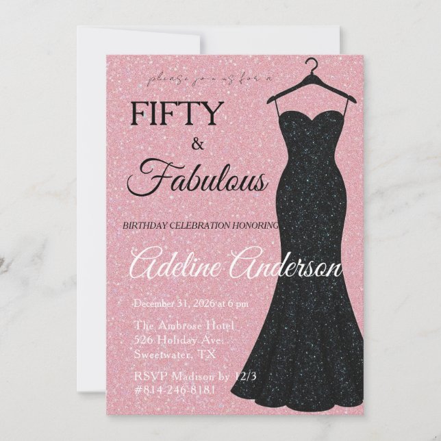 Invitación Cincuenta y Fabuloso Brillante Negro y Rosa 50º (Anverso)