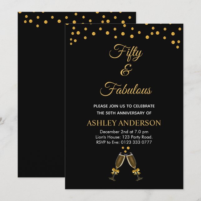Invitación Cincuenta y fabuloso con confetti dorado sobre neg (Anverso / Reverso)