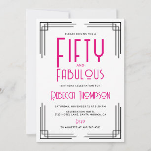 Invitación Cincuenta y Fabuloso Cumpleaños 50 Art Deco Rosa C