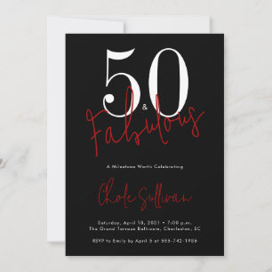 Invitación Cincuenta y Fabuloso Cumpleaños 50 Rojo Negro Fies