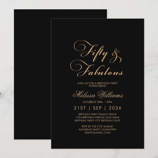 Invitación Cincuenta y fabuloso cumpleaños elegante de oro ne (Anverso / Reverso)