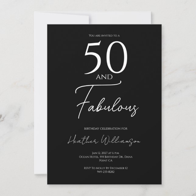 Invitación Cincuenta y Fabuloso Cumpleaños Negro 50  (Anverso)
