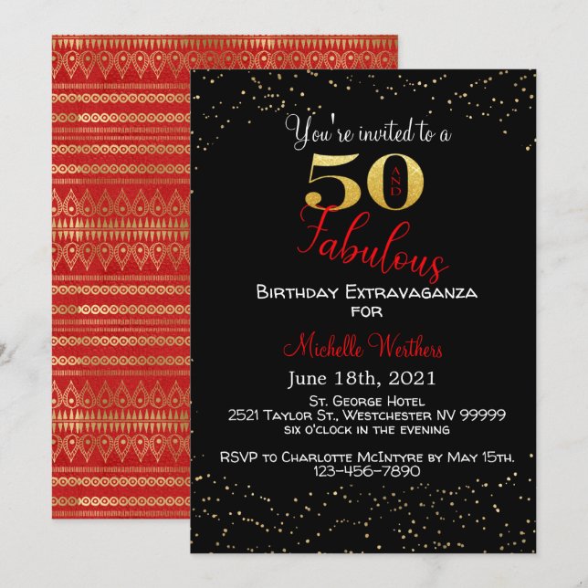 Invitación Cincuenta y fabuloso cumpleaños Purpurina de oro r (Anverso / Reverso)
