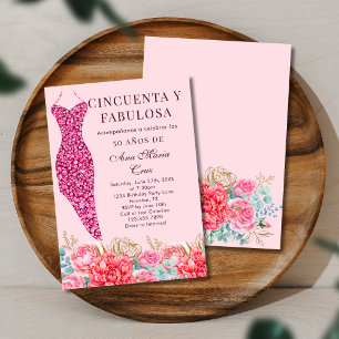 Invitación Cincuenta y Fabuloso Floral Rosa Cumpleaños Españo