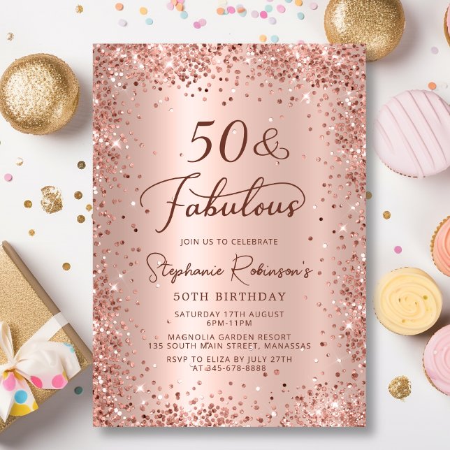 Invitación Cincuenta y fabuloso Glam Rosa Oro 50 cumpleaños (Subido por el creador)
