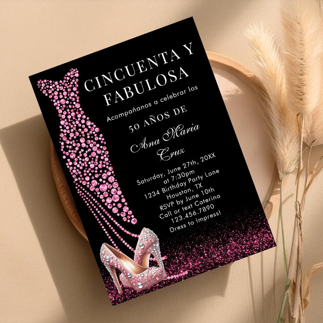 Invitación Cincuenta y fabuloso glam rosado español 50 cumple (Subido por el creador)