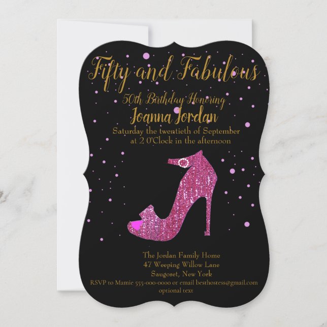 Invitación Cincuenta y fabuloso Hot Pink Sparkly Shoes Textos (Anverso)