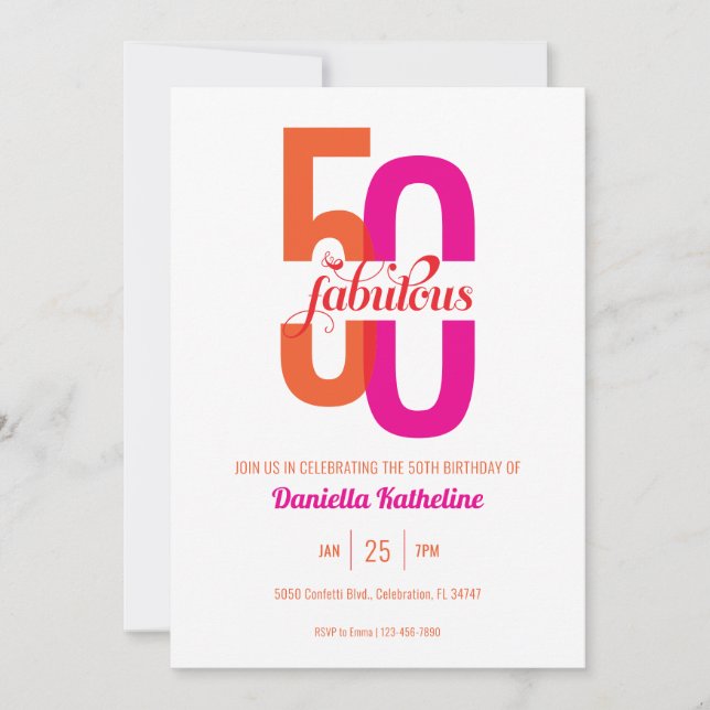 Invitación Cincuenta y Fabuloso Naranja Rosa Elegante (Anverso)