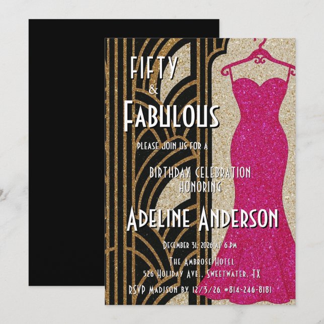 Invitación Cincuenta y Fabuloso Oro Negro Arte Deco Rosa Quin (Anverso / Reverso)