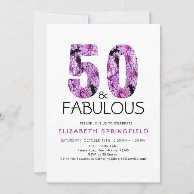 Invitación Cincuenta y fabuloso Purple Floral 50 cumpleaños (Anverso)