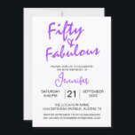 Invitación Cincuenta y fabuloso púrpura 50 cumpleaños<br><div class="desc">Celebra su fabuloso cumpleaños número 50 con estilo con esta audaz y moderna invitación morada "Cincuenta y Fabulosa". Con una vibrante tipografía escrita a mano y un diseño limpio, este diseño es perfecto para fiestas de cumpleaños con estilo. La parte trasera muestra la frase por sí sola para lograr un...</div>