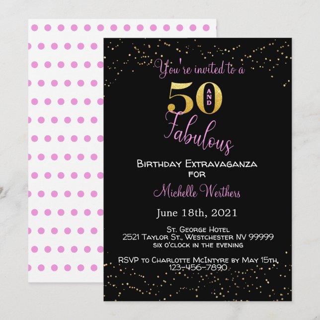 Invitación Cincuenta y fabuloso Purpurina de oro rosado negro (Anverso / Reverso)