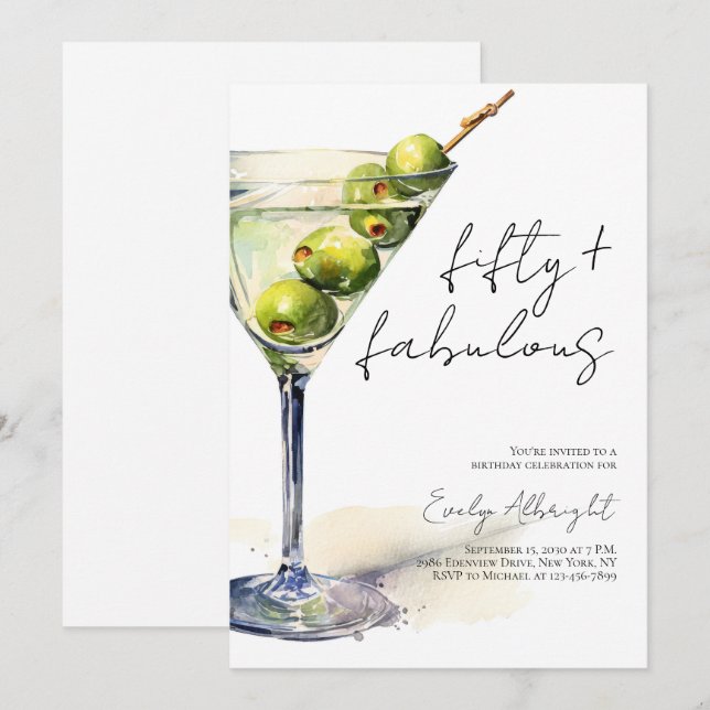 Invitación Cincuenta y Fabuloso Script Acuarela Martini (Anverso / Reverso)