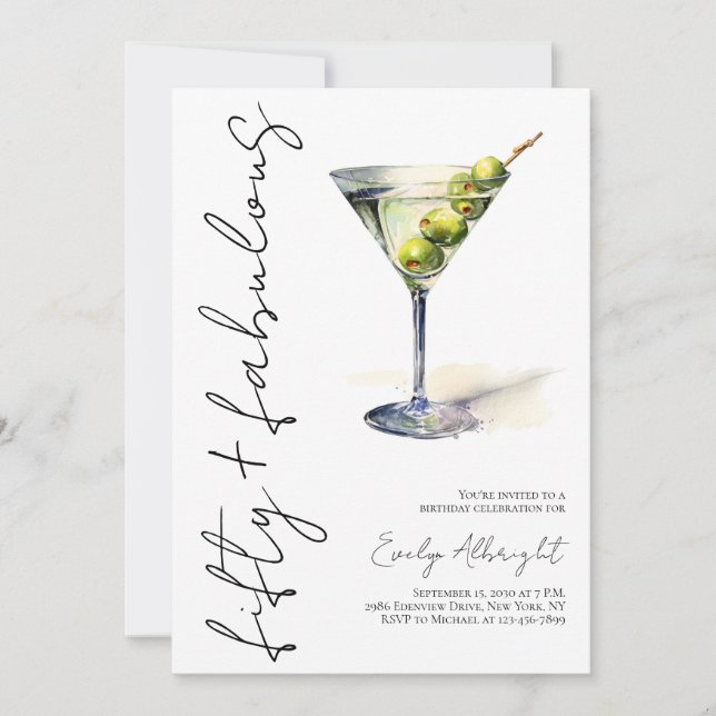 Invitación Cincuenta y Fabuloso Script de Acuarela de Martini (Anverso)