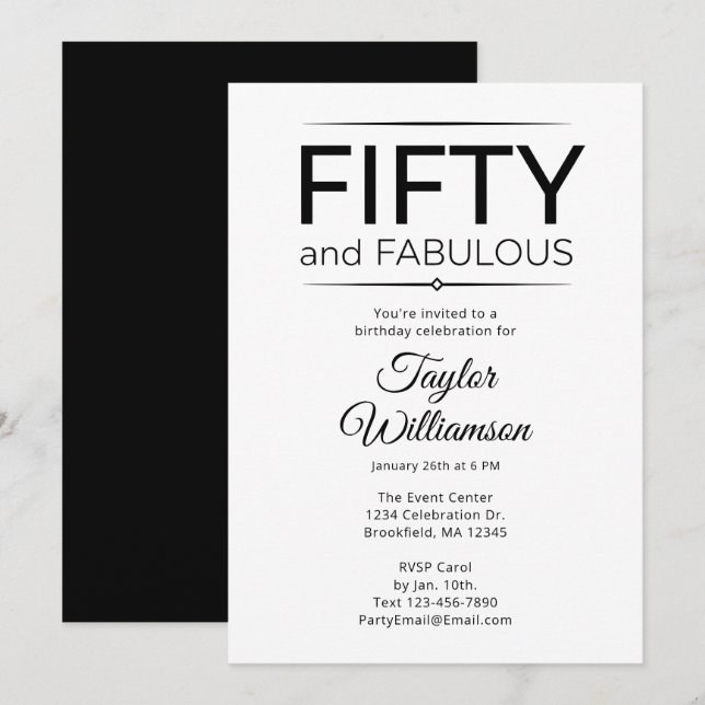 Invitación Cincuenta y Fabuloso Script en Blanco y Negro (Anverso / Reverso)
