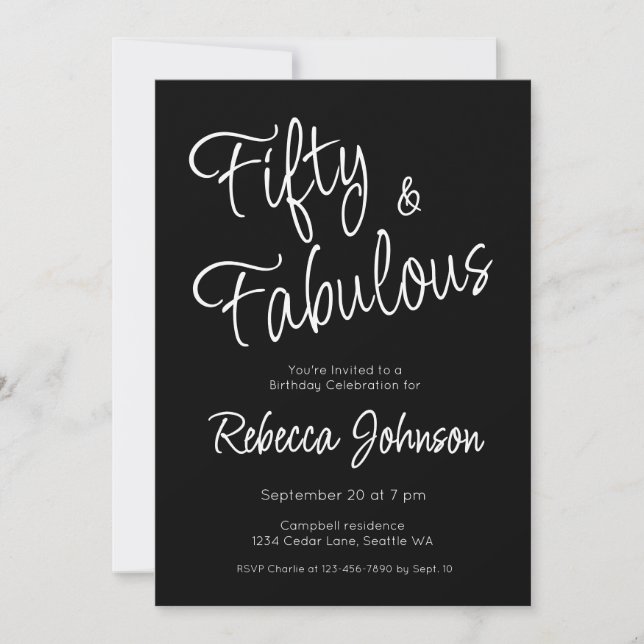 Invitación Cincuenta y Fabuloso Script Negro Cumpleaños 50 (Anverso)