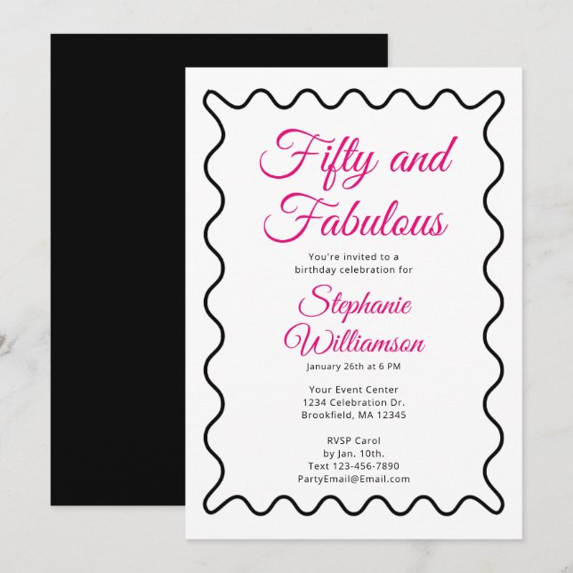 Invitación Cincuenta y Fabuloso Script Rosa y Negro (Anverso / Reverso)