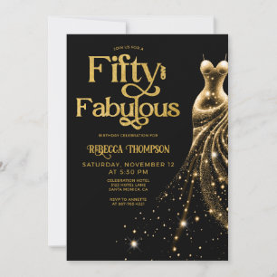 Invitación Cincuenta y Fabuloso Vestido Dorado Negro Cumpleañ