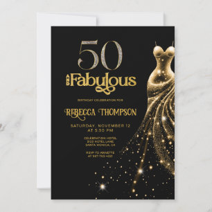 Invitación Cincuenta y Fabuloso Vestido Dorado Negro Cumpleañ