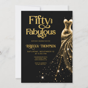 Invitación Cincuenta y Fabuloso Vestido Dorado Negro Cumpleañ
