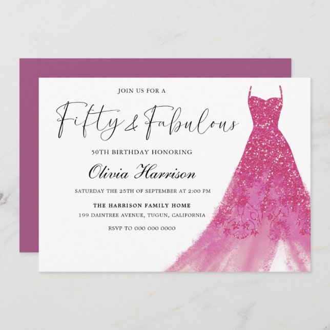 Invitación Cincuenta y fabuloso vestido rosa magnífico 50 cum (Anverso / Reverso)