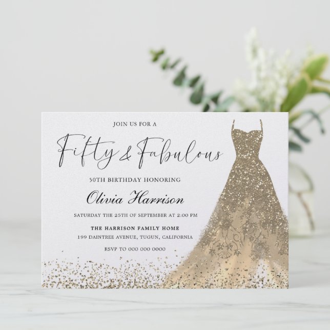 Invitación Cincuenta y fabuloso y magnífico vestido de oro co (Anverso de pie)