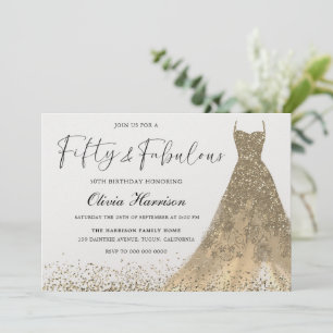 Invitación Cincuenta y fabuloso y magnífico vestido de oro co