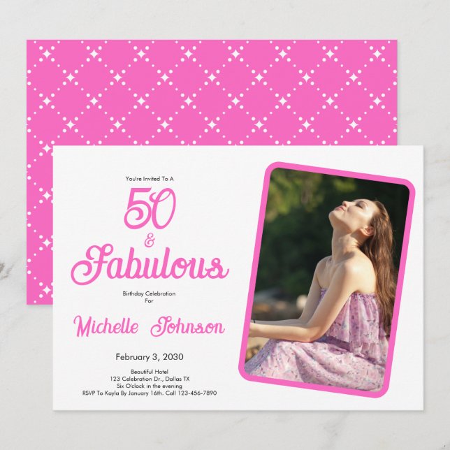 Invitación Cincuenta y fabulosos cumpleaños 50 negro rosa (Anverso / Reverso)