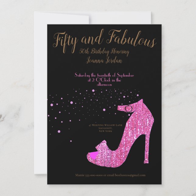 Invitación Cincuenta y fabulosos cumpleaños rosado y negro (Anverso)