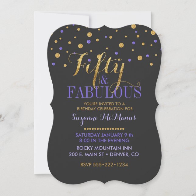 Invitación Cincuenta y fabulosos puntos de oro y púrpura (Anverso)