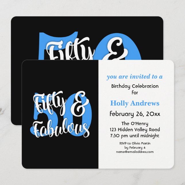 Invitación Cincuenta y fiesta de cumpleaños azul fabulosa de (Anverso / Reverso)