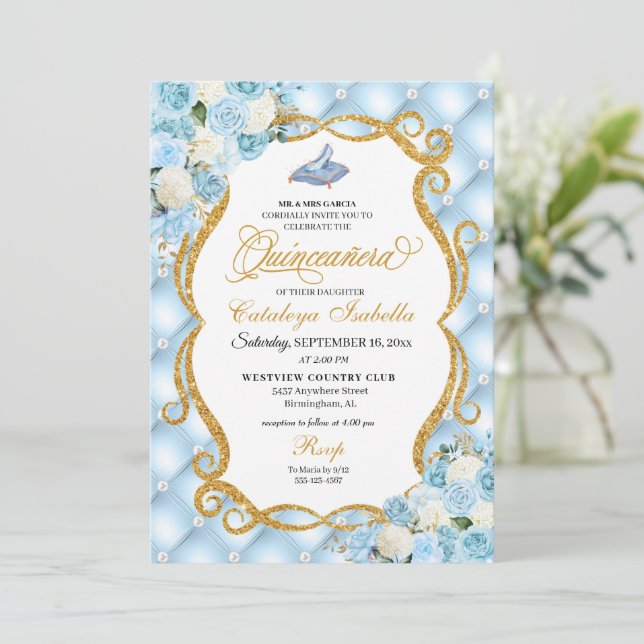 Invitación Cinderella azul Glass Shoe Princesa Quinceanera (Anverso de pie)