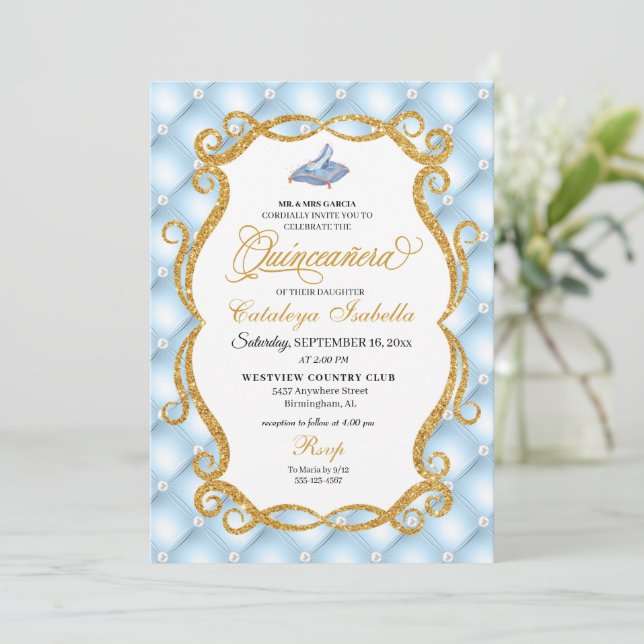 Invitación Cinderella azul Glass Shoe Princesa Quinceanera (Anverso de pie)