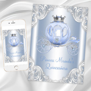 Invitación Cinderella Azul Princesa Quinceañera Plateada