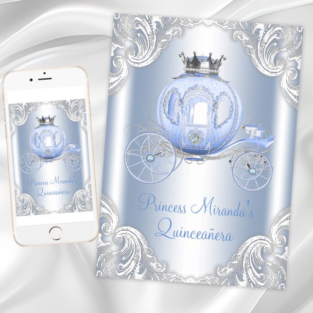 Invitación Cinderella Azul Princesa Quinceañera Plateada (Cinderella princess birthday party invitation. Digital download and printed invitations available.)