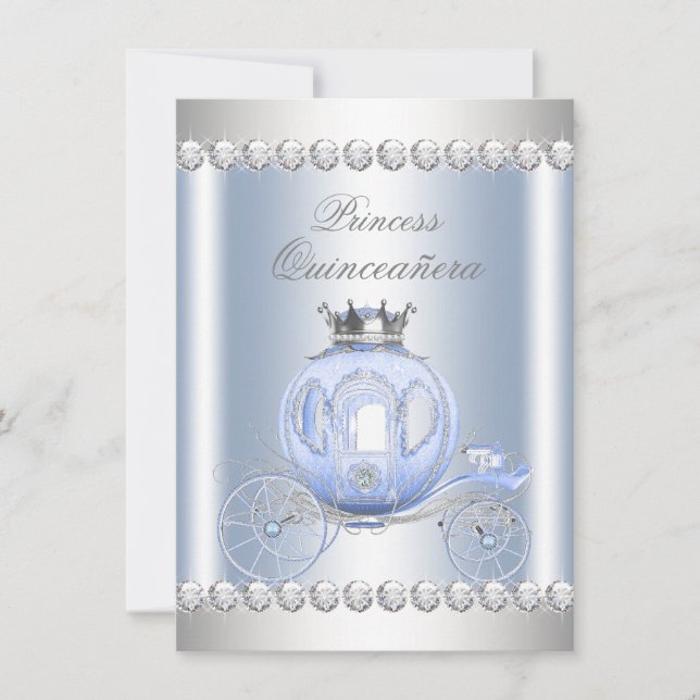 Invitación Cinderella Azul Princesa Quinceañera Plateada (Anverso)