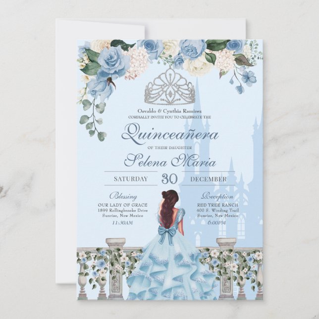 Invitación Cinderella Azul Rosa Plata Princesa Quinceañera (Anverso)