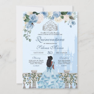 Invitación Cinderella Azul Rosa Plata Princesa Quinceañera